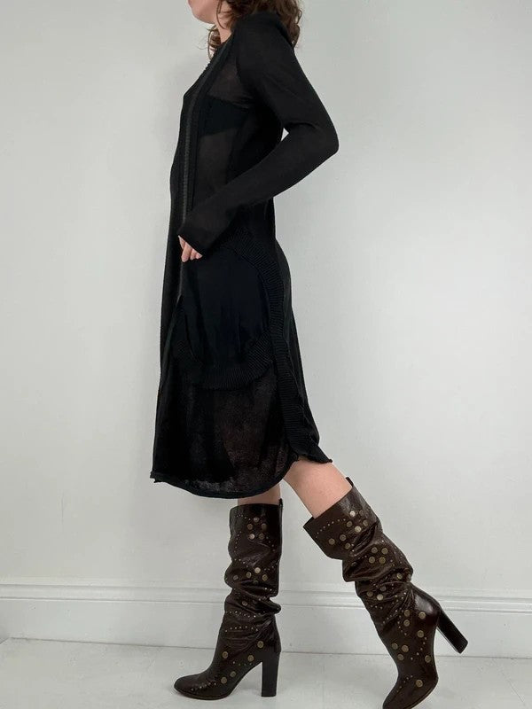 Black long sleeve french midi dress