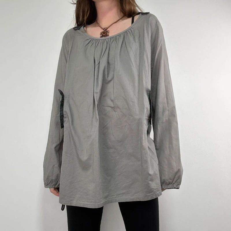 utility khaki pleated blouse with harness braces