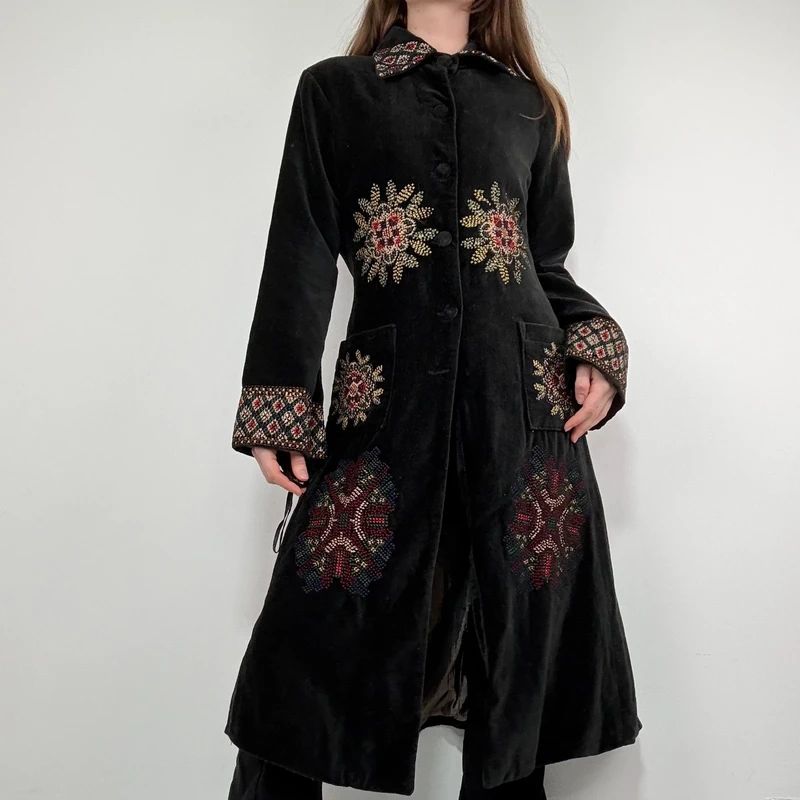 embroidered black velvet longline jacket