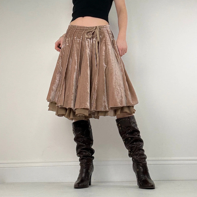 Brown pleated flared layered midi skirt