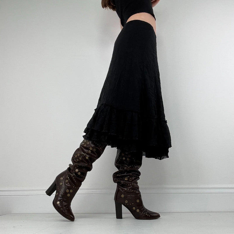 black crinkle pleated ruffle midi skirt