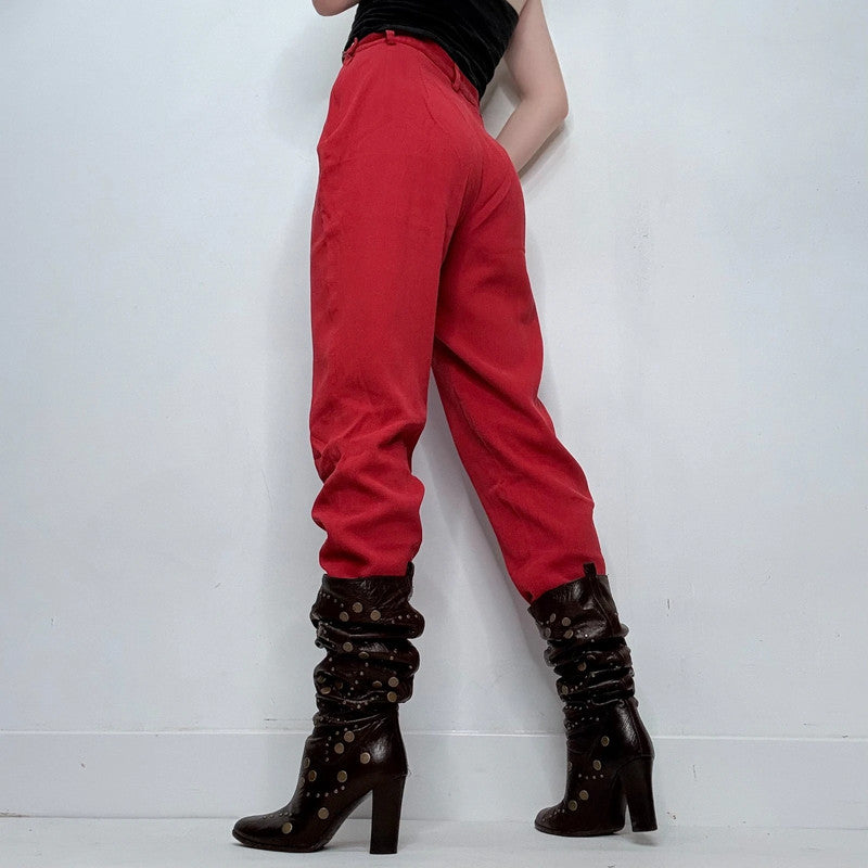 red pinstripe textured straight leg trousers