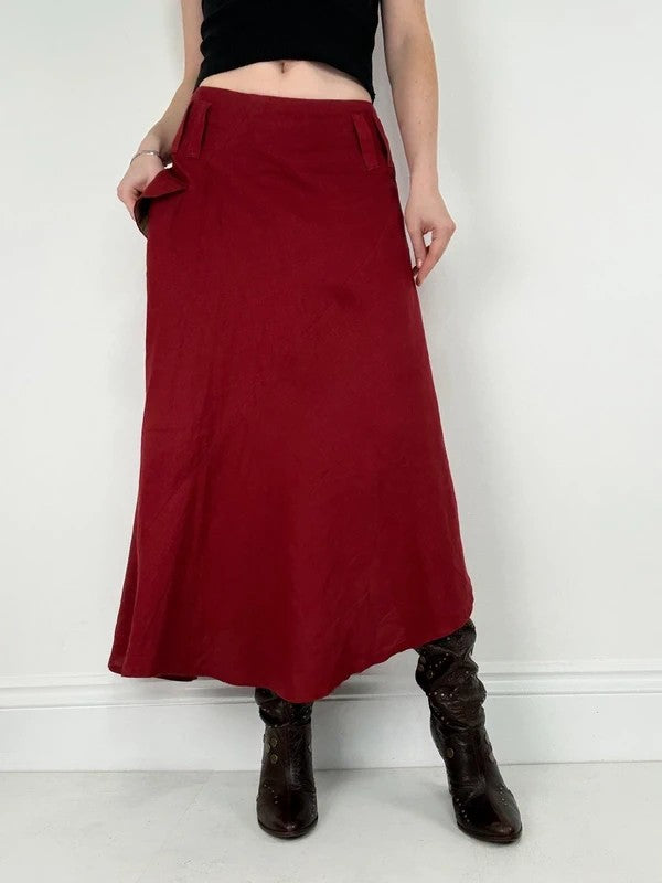 red linen bias cut asymmetric maxi skirt