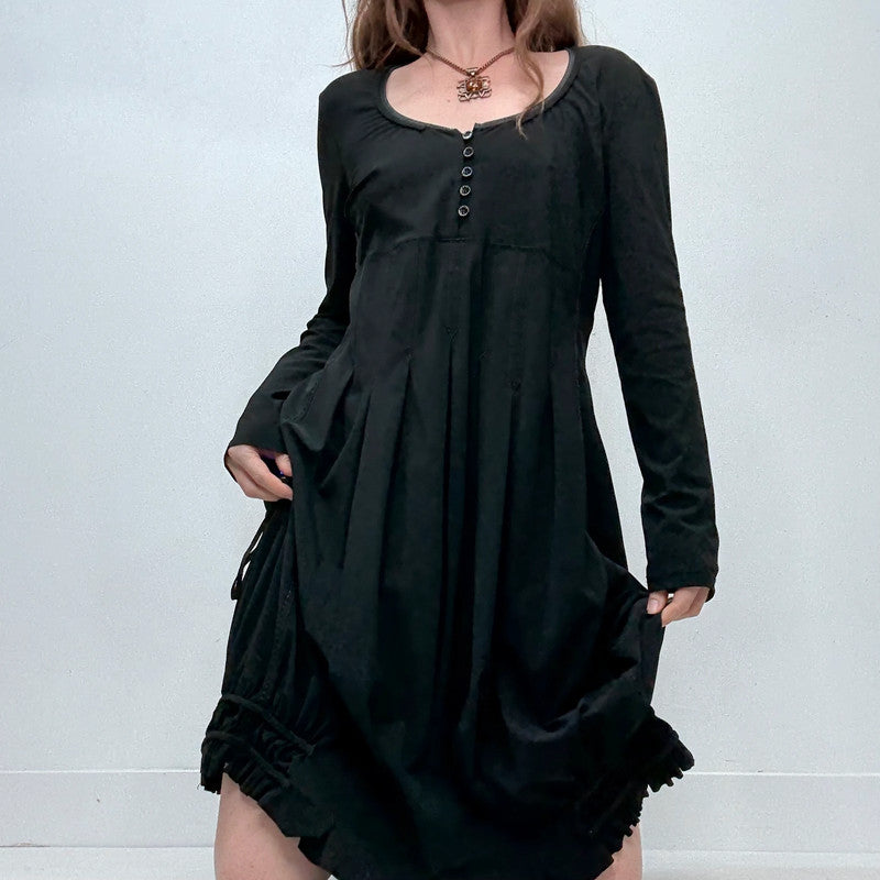 black long sleeve pleated puff midi dress