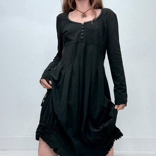 black long sleeve pleated puff midi dress