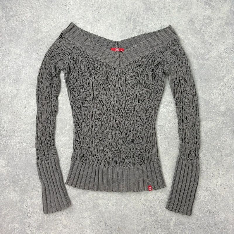 khaki lace knit off the shoulder slouchy jumper