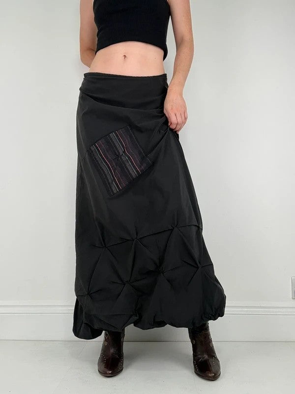 Black pleated puff maxi cargo skirt