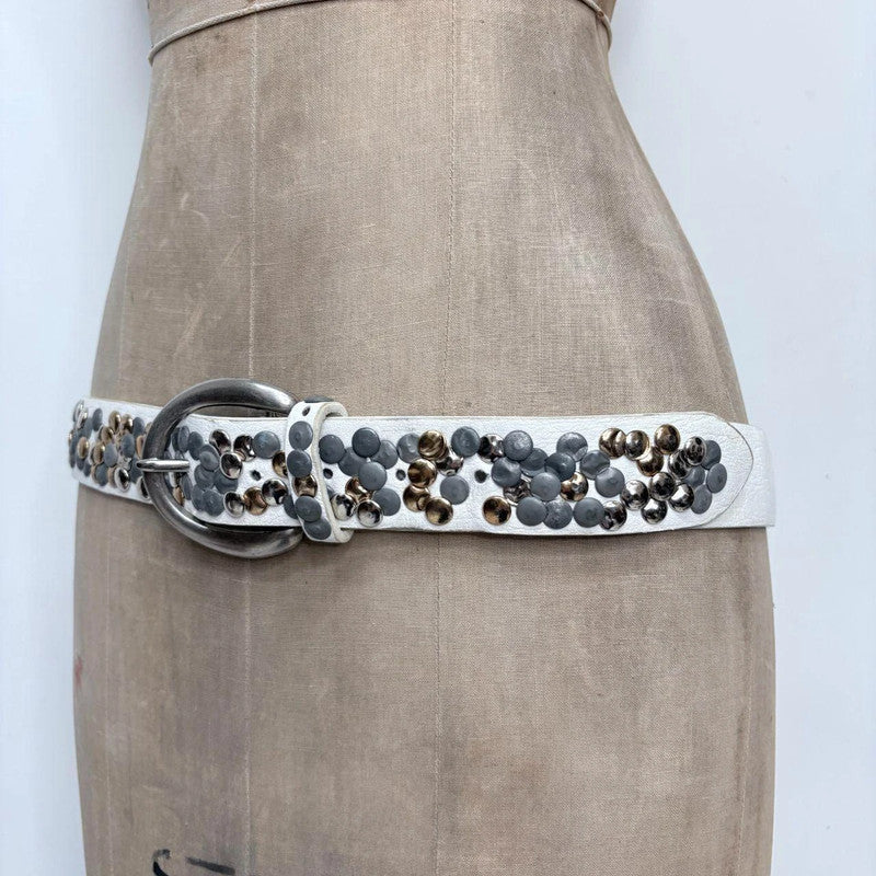 white leather studded metal belt