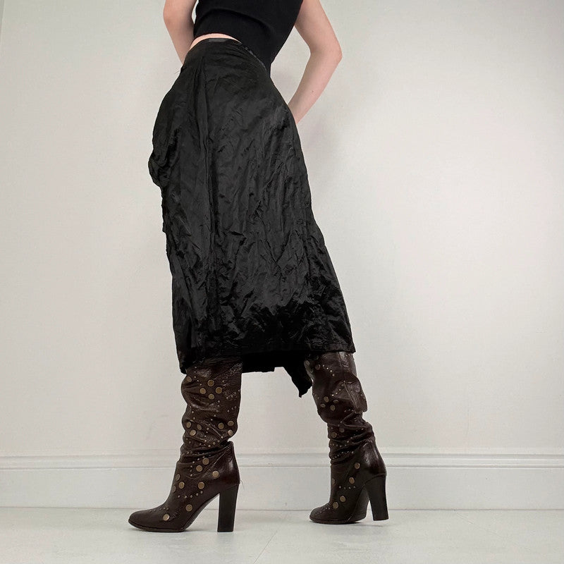 black crinkle satin tie up layered skirt