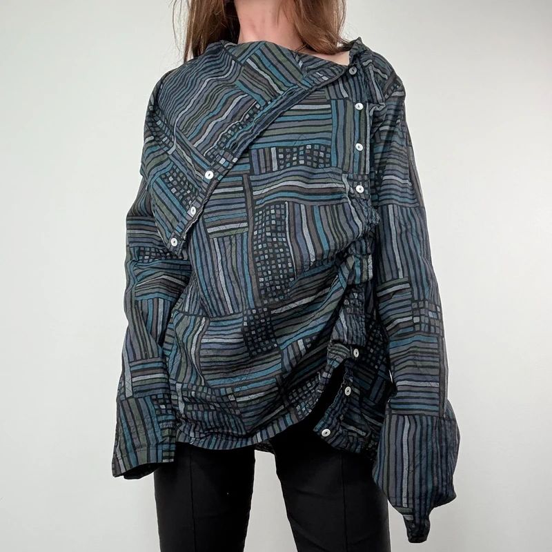 Asymmetric fold over draped checked pinstripe Shirt