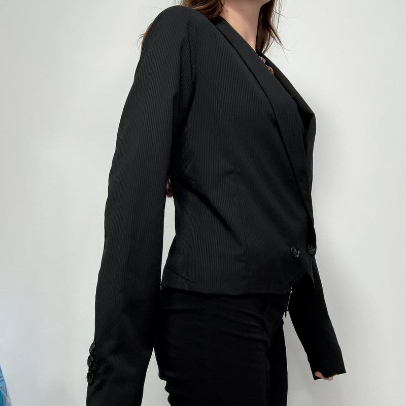cropped black pinstripe asymmetric jacket