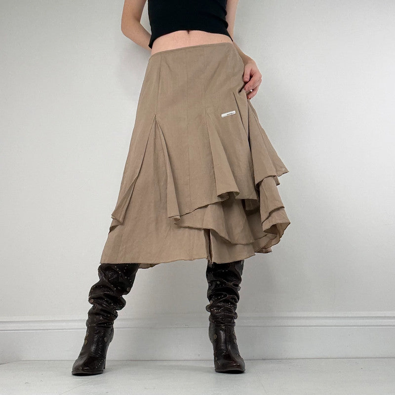 tan linen pleated asymmetric midi skirt