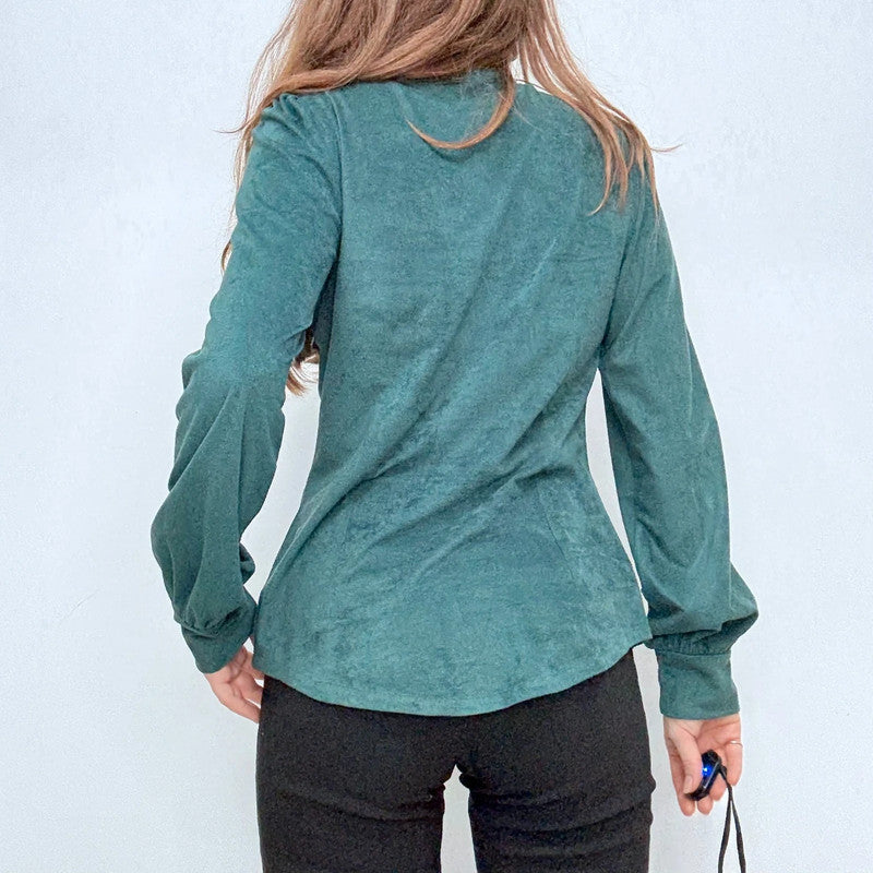 green fitted button flared shirt
