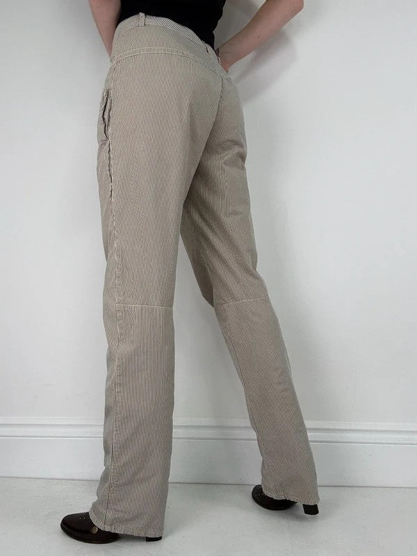 beige pinstripe cargo slim fit cotton trousers