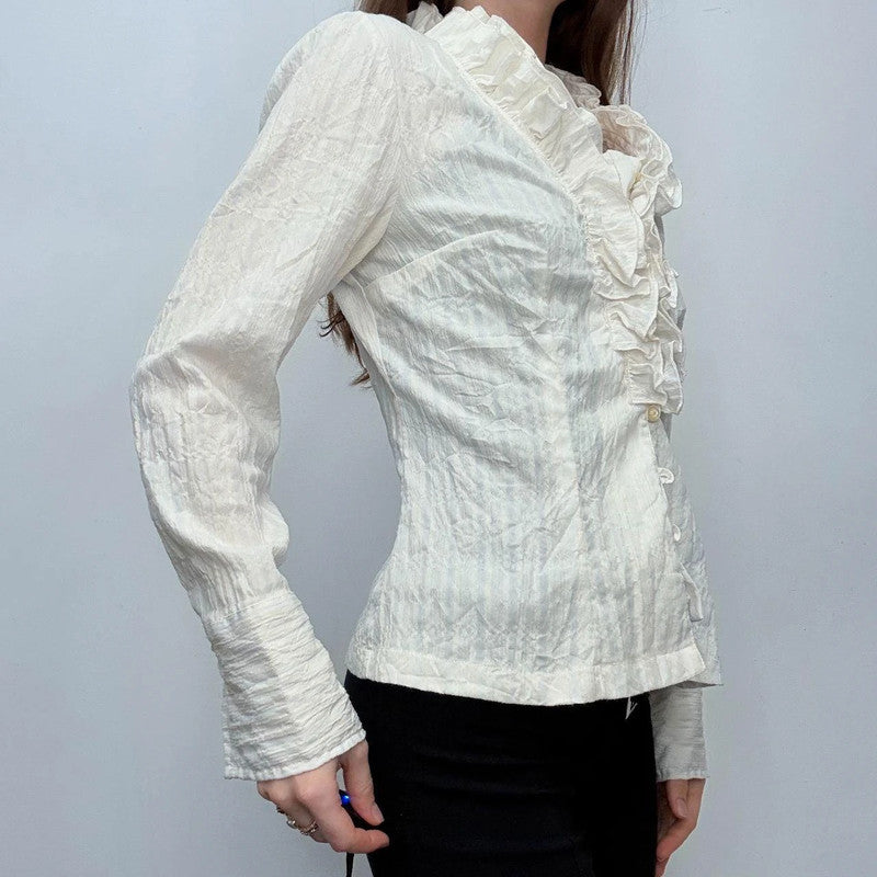 white pinstripe ruffle shirt