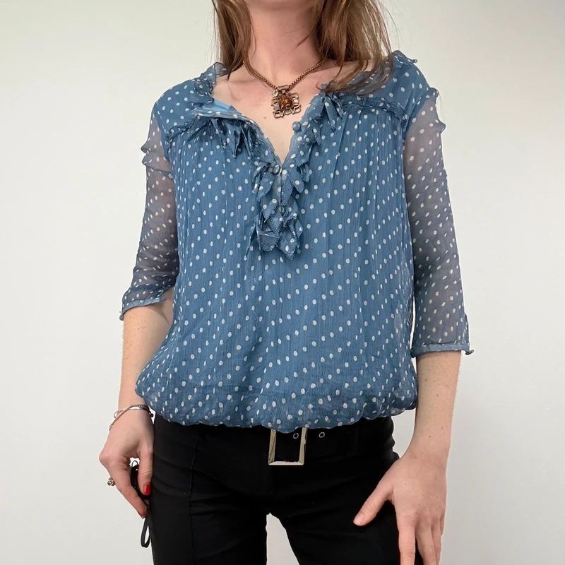 Blue Polka Dot Sheer Silk flutter Blouse