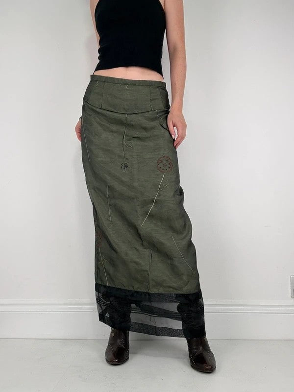 Green embroidered layered a-line maxi skirt