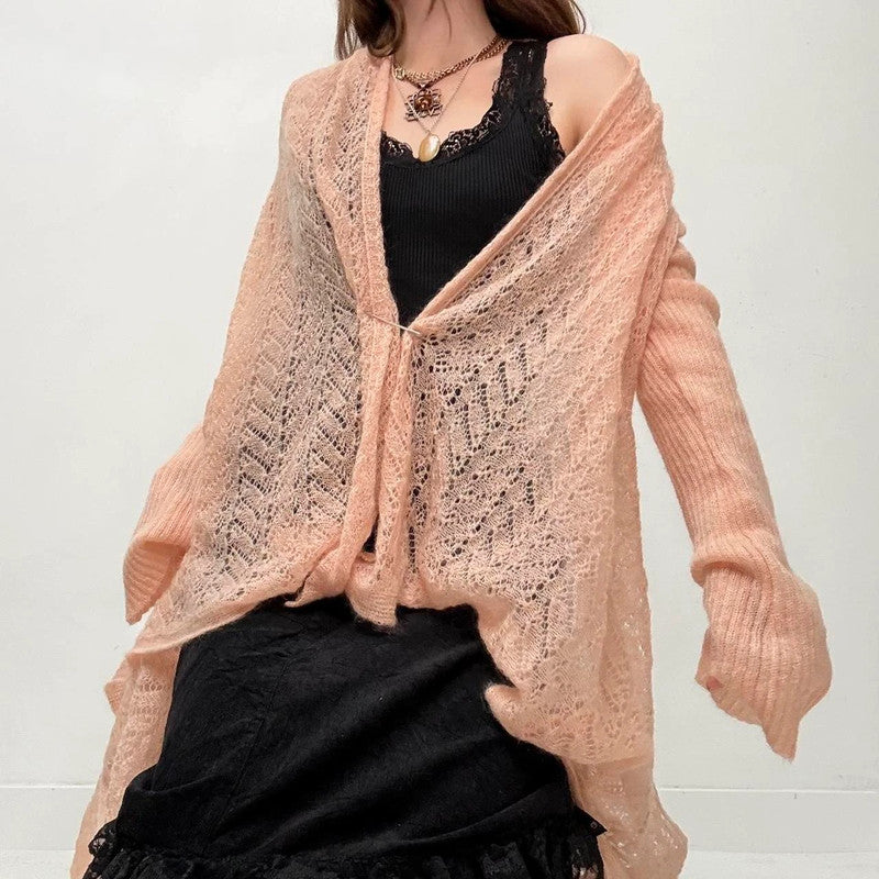sheer pink mohair long knit cardi