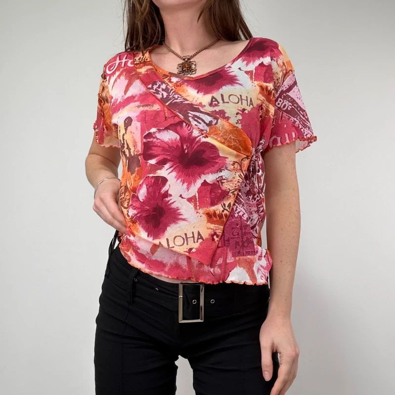 pink hawaiian floral graphic printed mesh top