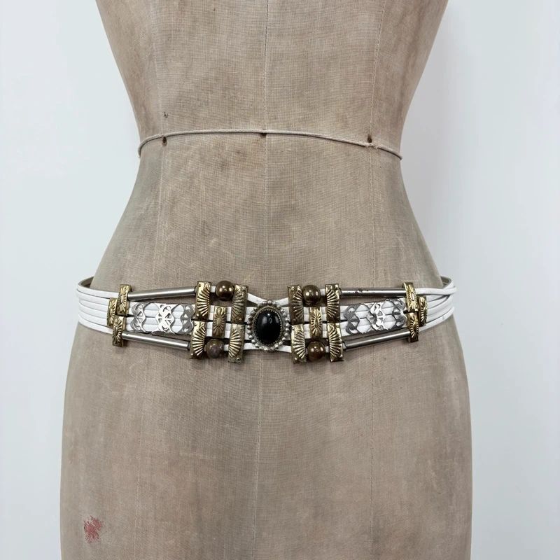 chunky metal boho white leather belt