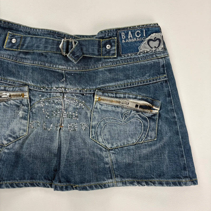 pleated flared distressed embroidered denim mini skirt