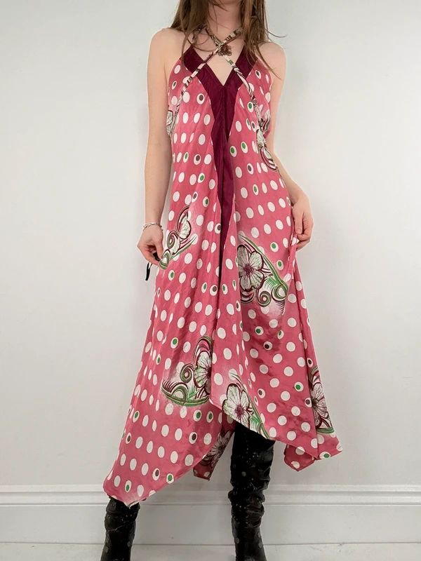 pink polkadot handkerchief maxi dress