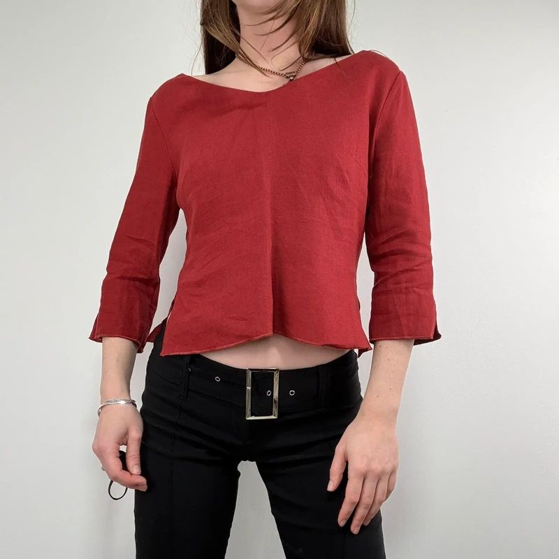 red linen flared fitted slit blouse top