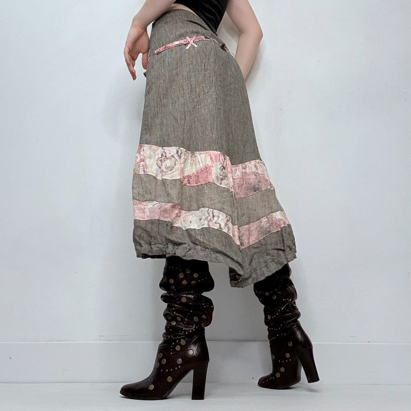 grey linen asymmetric tiered midi skirt