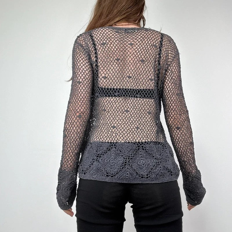grey crochet sheer lace knit cardigan