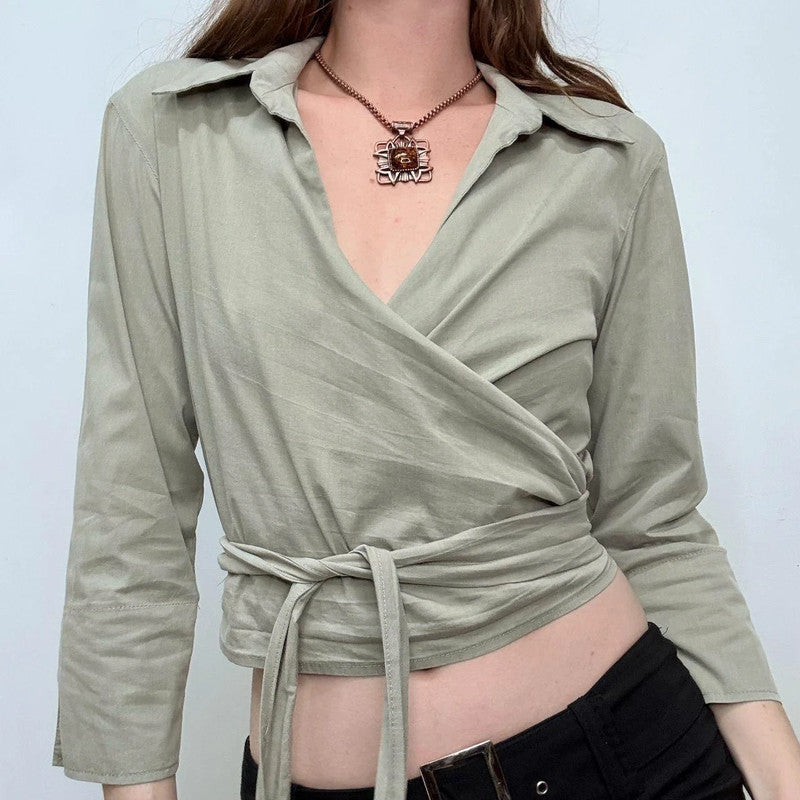 khaki green wrap cropped shirt