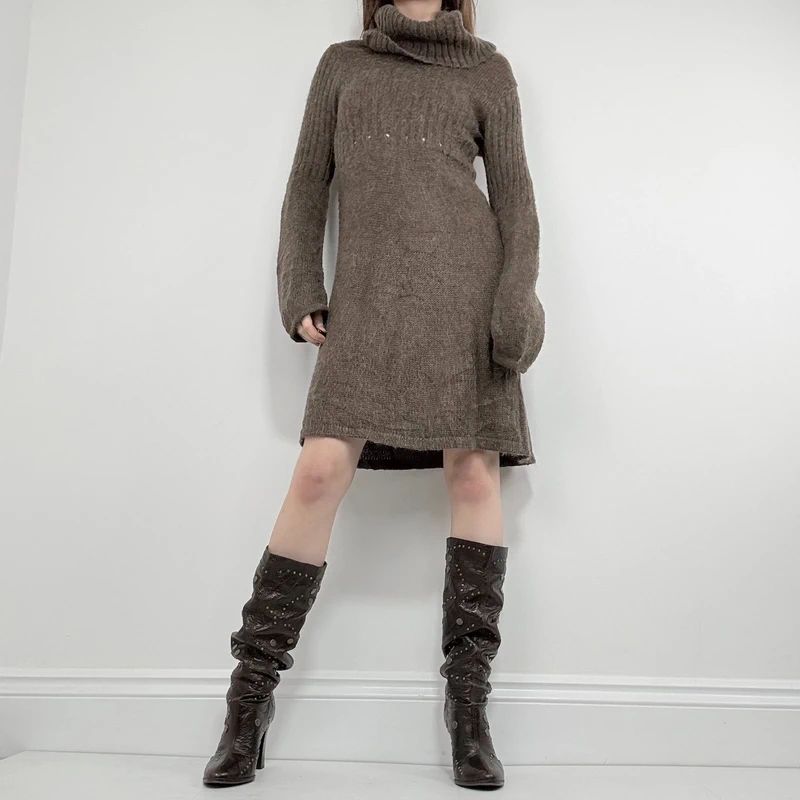 brown mohair knitted slouchy flared midi dress