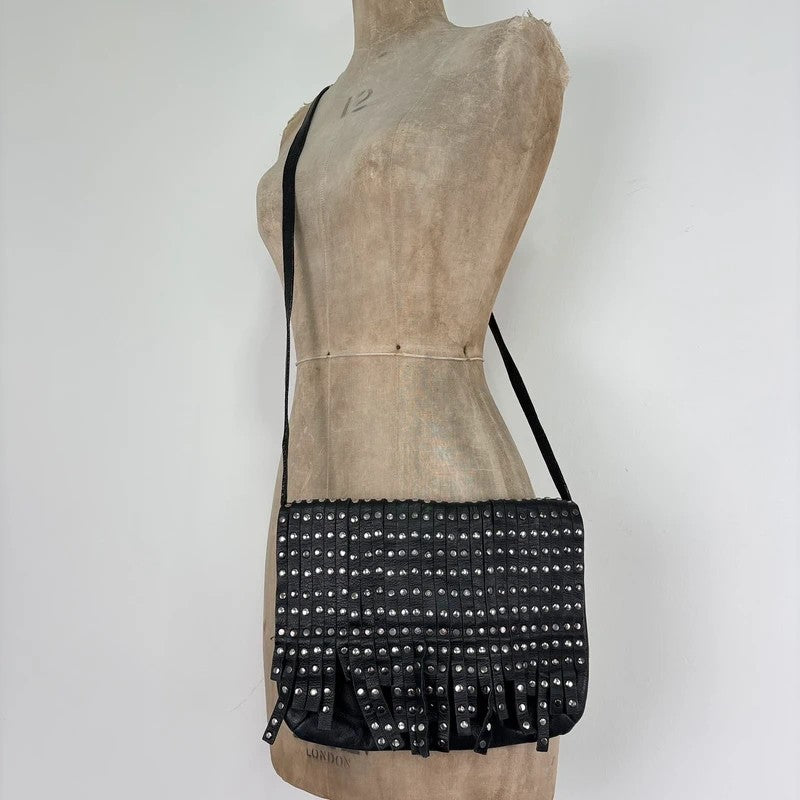 Black leather studded tassel crossbody bag