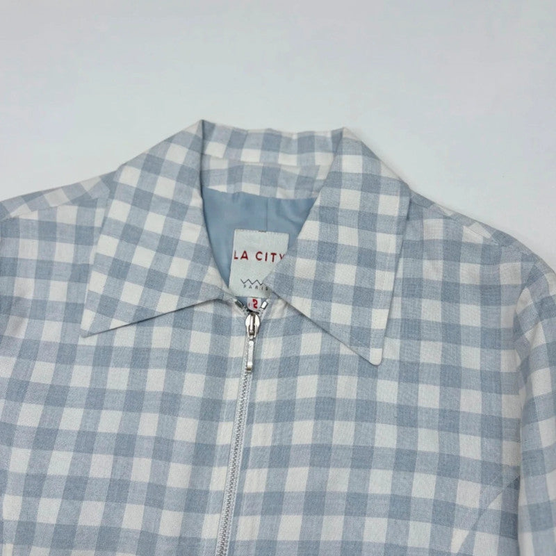 boxy blue and white gingham cropped linen zip-up jacket