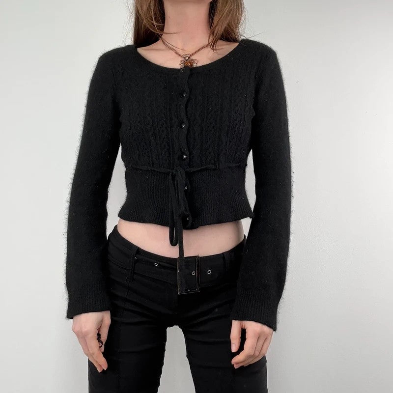 black cropped preppy angora wool cardigan