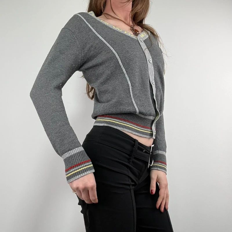 grey cropped knit pinstripe cardigan