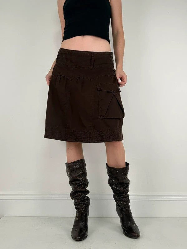 pleated brown cotton thick waistband drop waist puff midi skirt