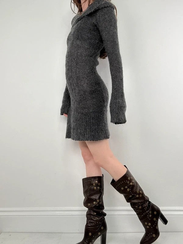 grey mohair knit slouchy off the shoulder dress
