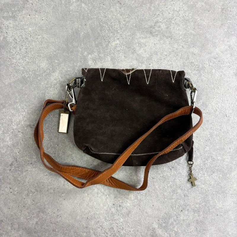 brown suede cowhide leather patchwork bag