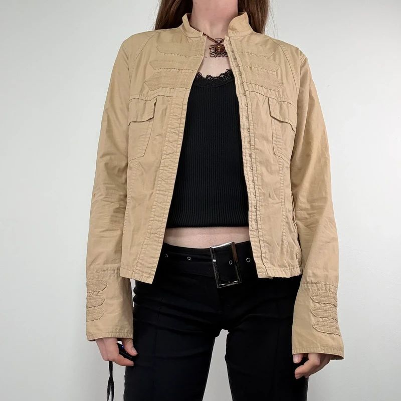 tan fitted panelled military jacket