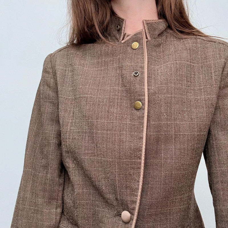 brown tweed high neck popper jacket
