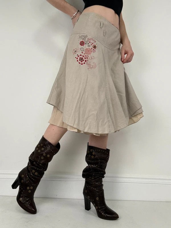 beige linen flared layered midi skirt