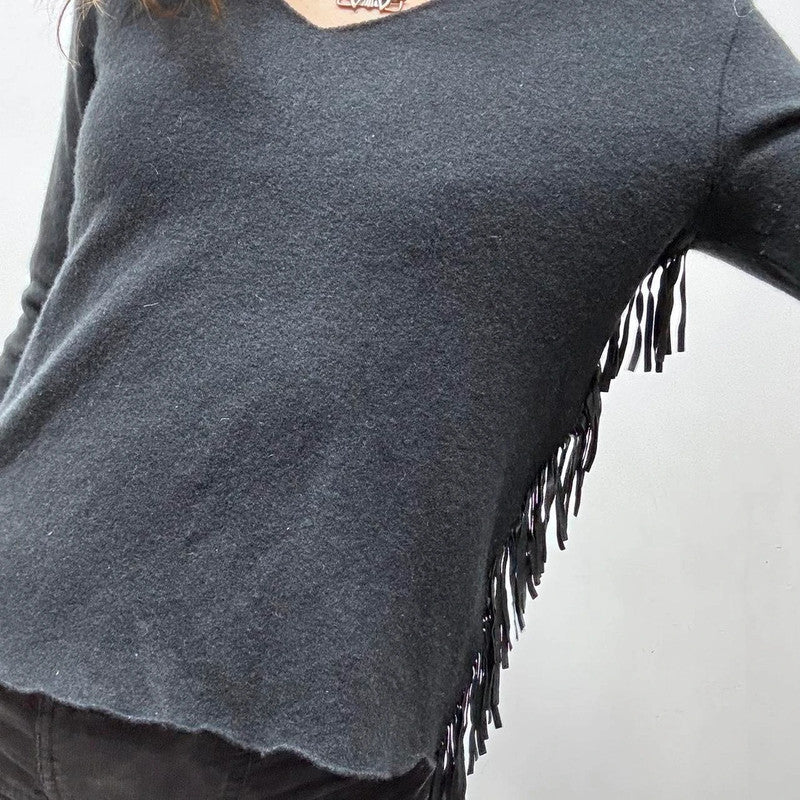 black wool knit fitted tassel jumper