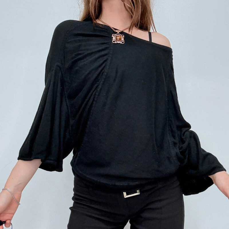 black knit gathered draped batwing jumper