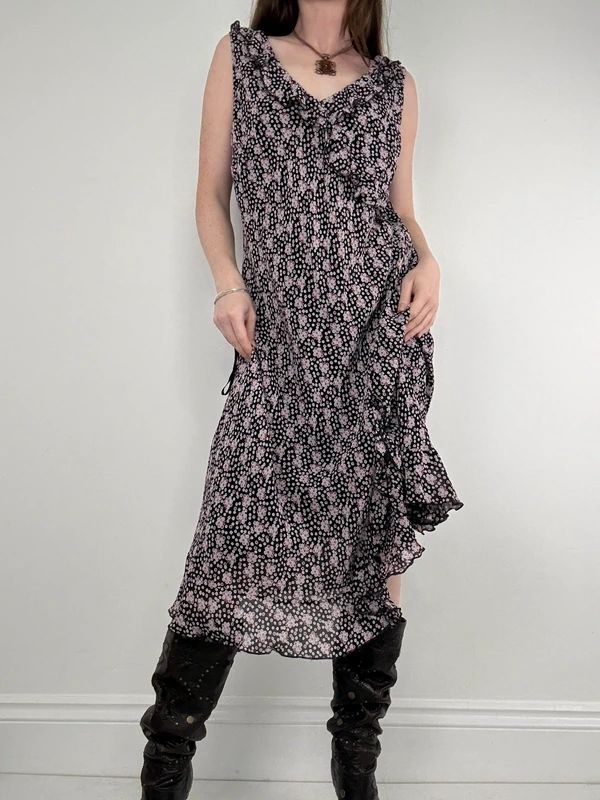 black polkadot ruffle flutter midi dress