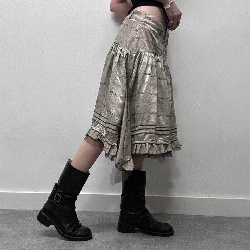 pinstripe ruffle satin midi skirt