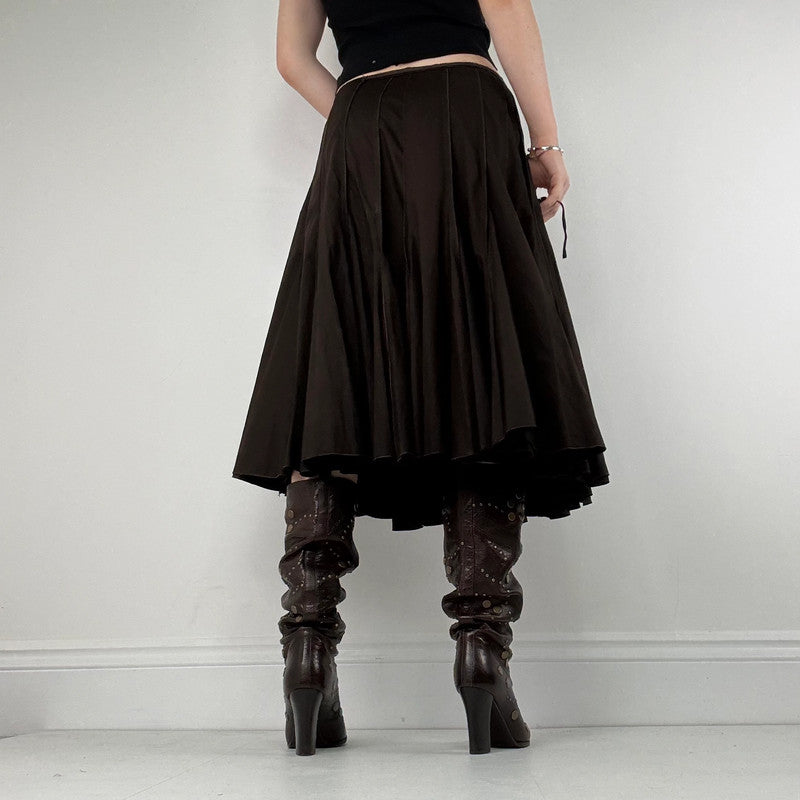 Brown pleated flared layered midi skirt