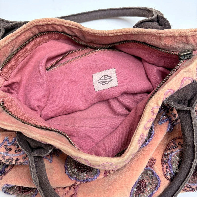 pink velvet embroidered boho bag