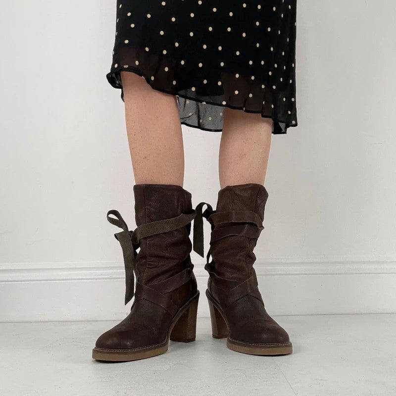 Chunky brown leather wrap around boots