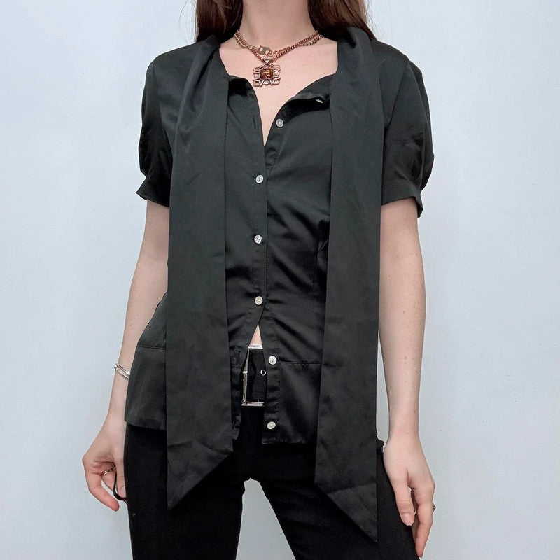 black satin fitted bow shirt