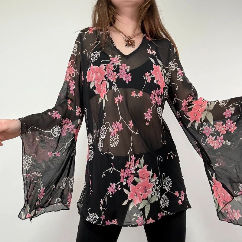 Sheer Black Asymmetric Flutter Blouse
